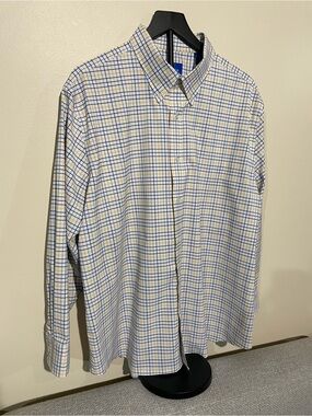 Nautica Men's White Button-Down Shirt with Blue & Yellow Windowpane